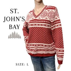 ST. JOHN’S BAY Women’s Red/White V-Neck Sweater (Size:  L)